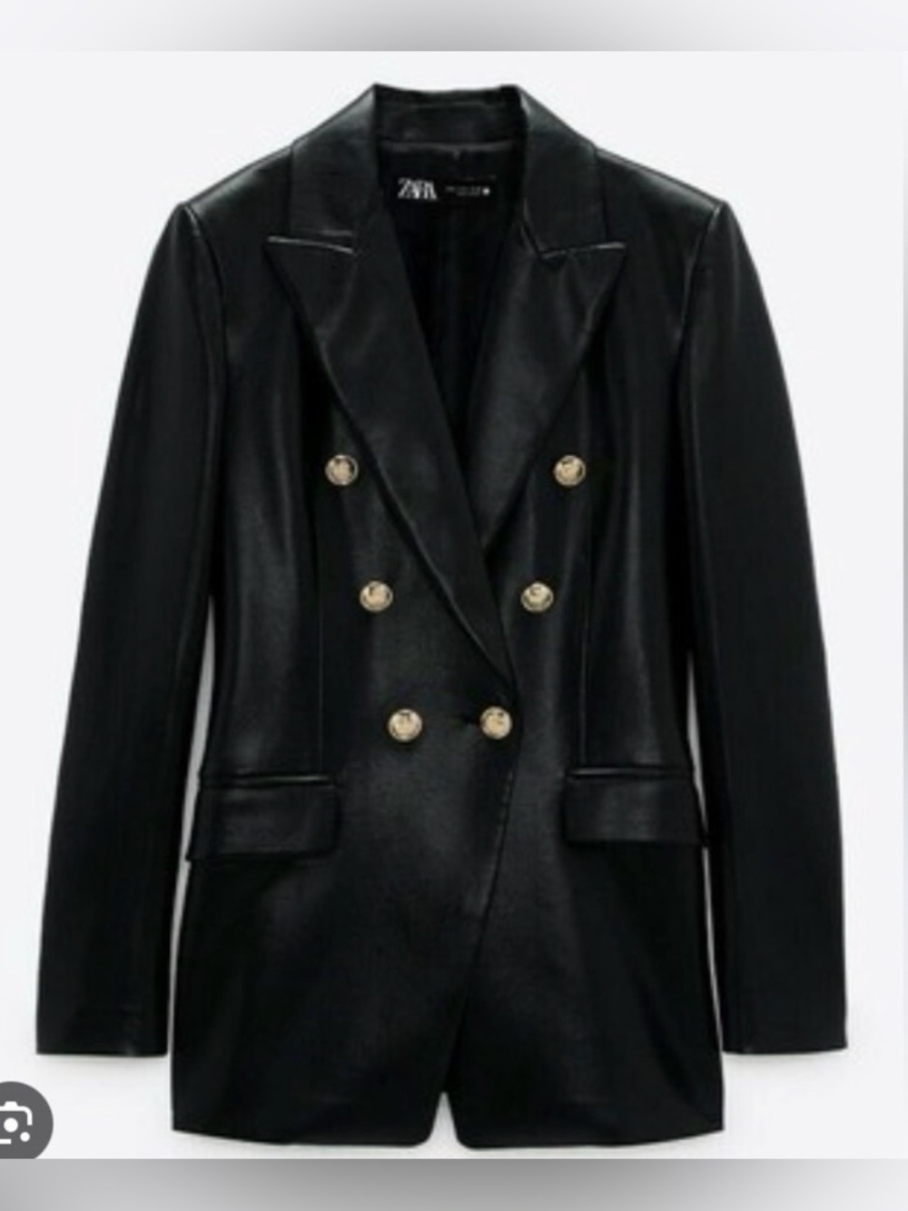 Zara Black Double-Breasted Faux Leather Blazer with Gold Buttons